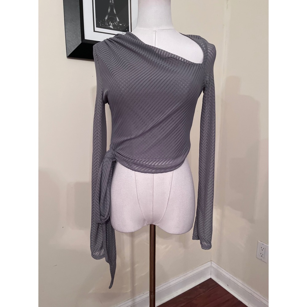 NWT Maniere De Voir Grey Mesh Asymmetric Cutout Wrap Crop Top Long Sleeve US 8 - Picture 2 of 8